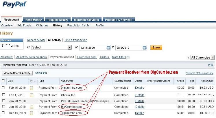 PayPal payment from BigCrumbs, save money, online coupon