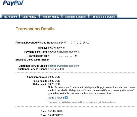 PayPal payment from BigCrumbs, save money, online coupon, ebates
